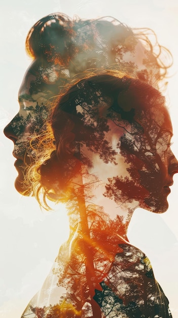 Woman with tree silhouette double exposure Creative double exposure of a womans silhouette with vibrant sunset and trees