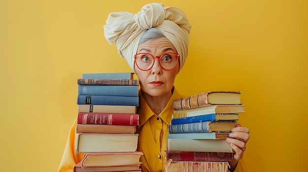 a woman with a turban on her head holds a stack of books