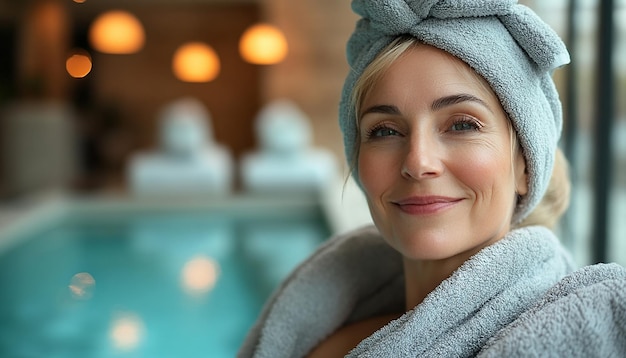 Photo a woman with a turban on her head is wearing a grey scarf