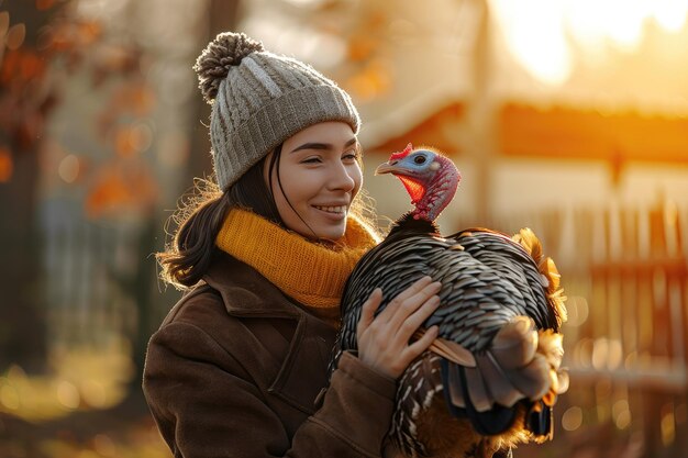 Photo woman with a turkey on a farm