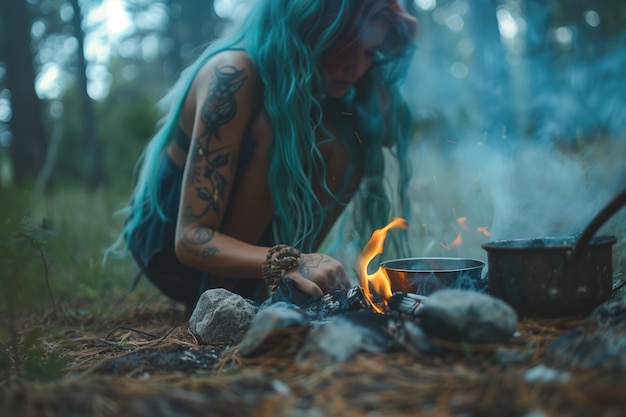 Photo woman with turquoise hair camping in forest cooking over open fire