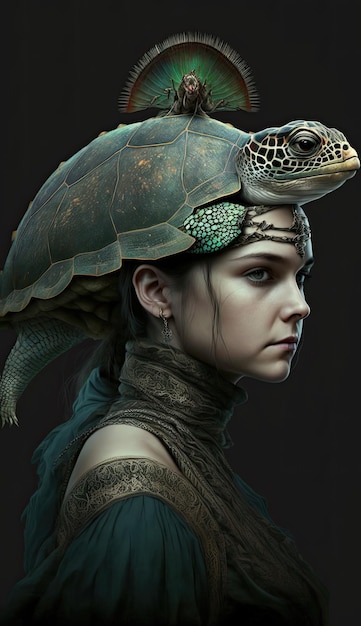 A woman with a turtle on her head