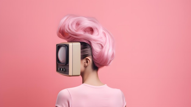 A woman with a tv on her head