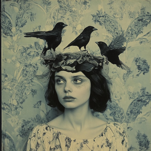 Photo a woman with two birds on her head