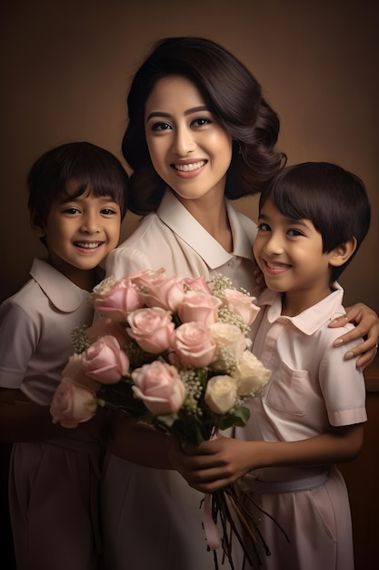 a woman with two boys holding flowers with a girl holding a bouquet of roses.