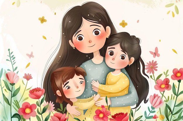 a woman with two children in a garden with flowers and a picture of two girls