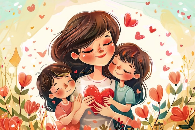 a woman with two children hugging and a heart shaped box of hearts