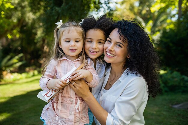 a woman with two children posing for a photo with the word quot on it