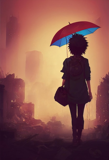 woman with umbrella in front of the city