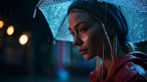 A woman with an umbrella looks out the window at night.