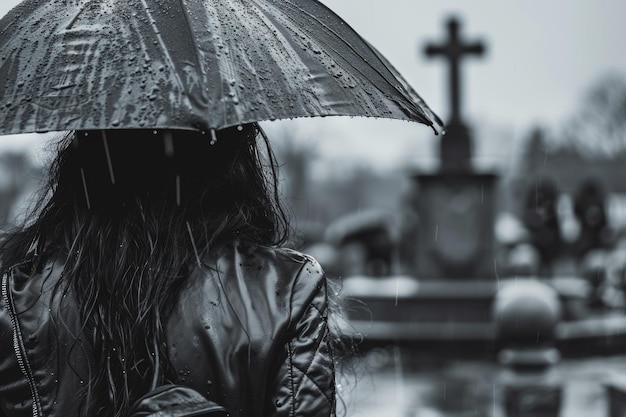 Woman With Umbrella Mourning at Cemetery in Rain Gravestone Grief Remembrance Loss Sadness