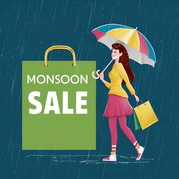 a woman with an umbrella and a shopping bag with the word sale on it