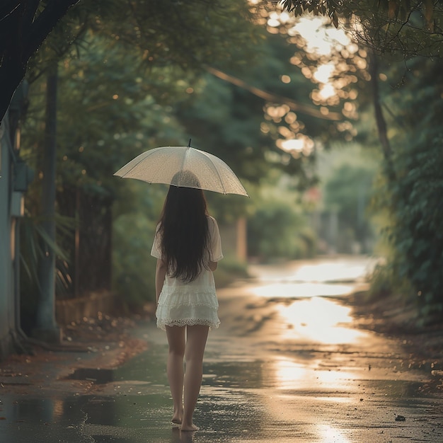 a woman with an umbrella walks down a wet road