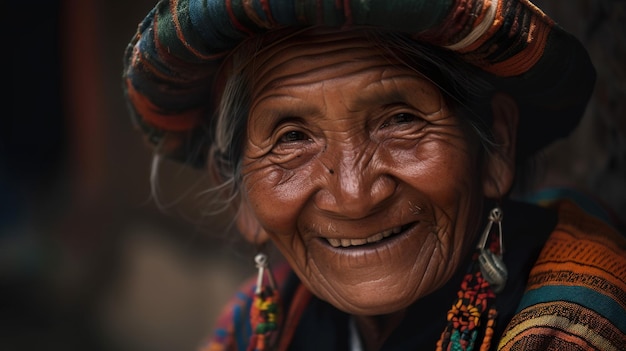 A woman with a very old smile and a very large earring.