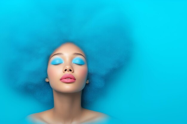 A woman with vibrant blue makeup and hair surrounded by a blue background creates a striking visual