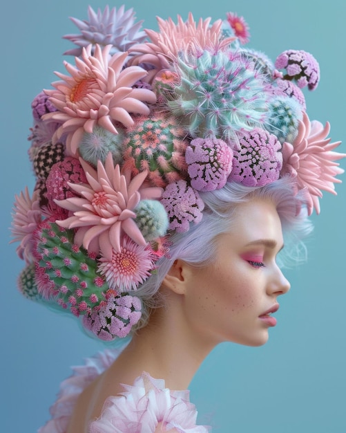 Woman with vibrant floral and cactus inspired hairstyle against a soft blue background