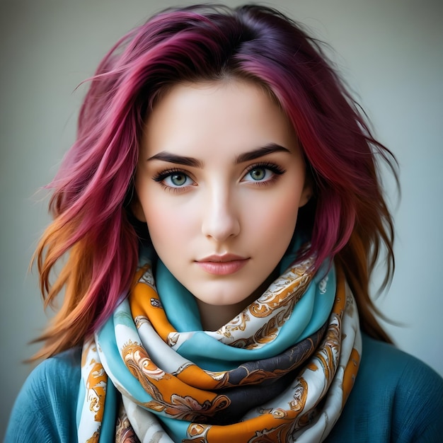 a woman with vibrant multicolored hair wearing a patterned scarf