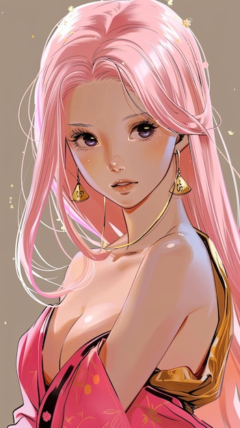 A woman with vibrant pink hair and elegant gold earrings poses gracefully