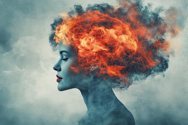 A woman with vibrant red and blue neural energy radiating from her head symbolizing the intense pow