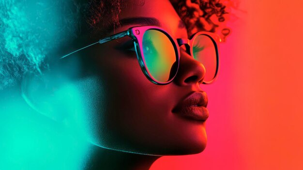 Woman with vibrant sunglasses in colorful lighting at sunset