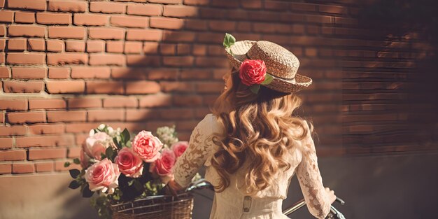 Photo a woman with a vintage bicycle with a basket full of flowers woman vintage bicycle basket flowers