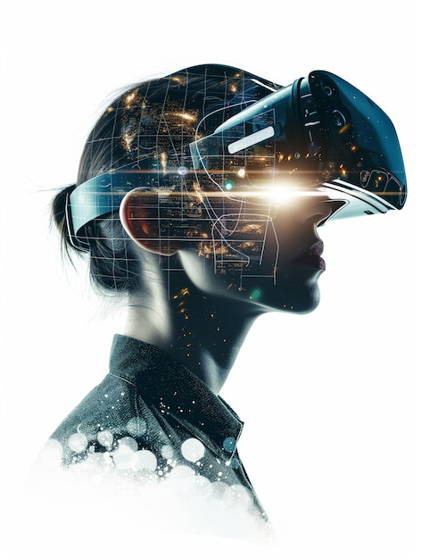 a woman with a virtual reality head and a picture of a woman wearing a virtual reality headgear