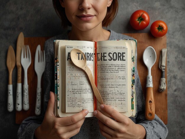 Photo a woman with a vision board arms holding a set of cook_0