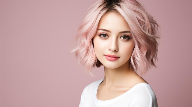 A woman with vivid pink hair poses elegantly for a photo