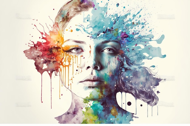 Woman with vivid watercolor explosion splashing on her head