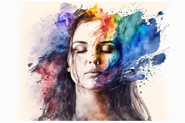 Woman with vivid watercolor explosion splashing on her head