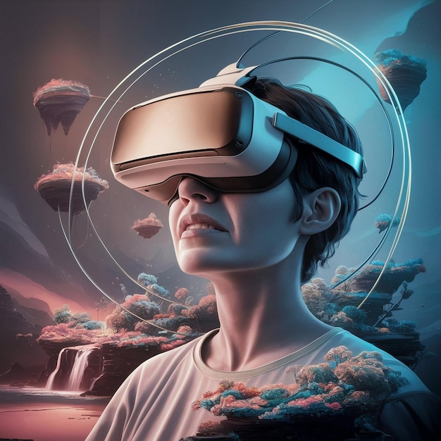 Woman with vr glasses in futuristic city by Generative AI image