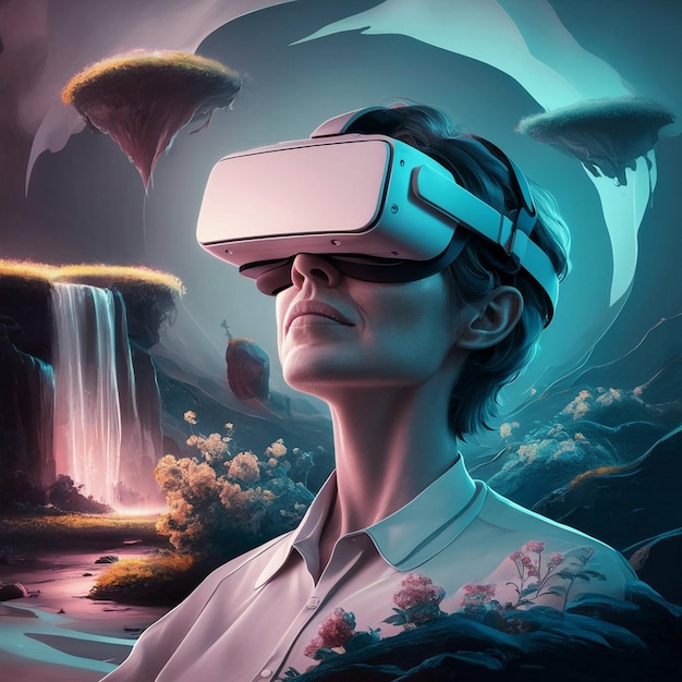 Woman with vr glasses in futuristic city by Generative AI image