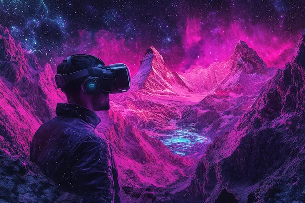 Photo a woman with vr goggles explores a digital mountain landscape under a surreal pink sky blending the