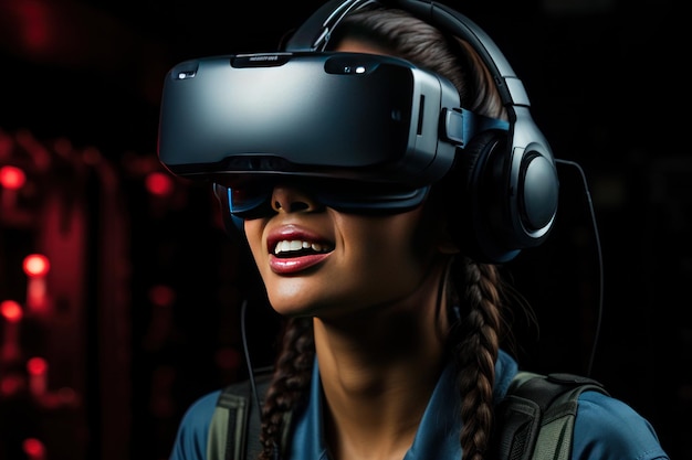 Woman with VR headset and digital technology