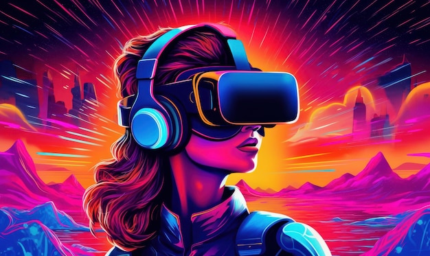 Woman with VR Headset Exploring the Metaverse Virtual Reality GlassesTechnology Generative Ai