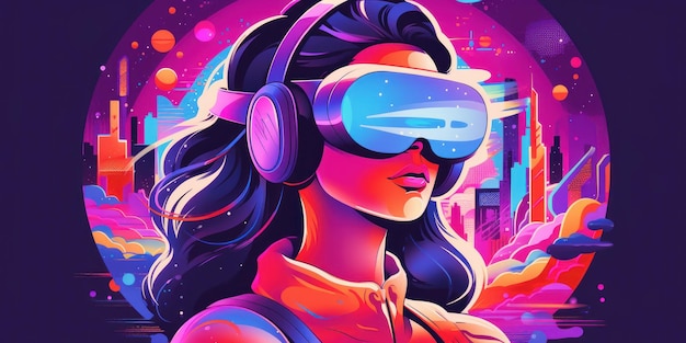 Woman with VR Headset Exploring the Metaverse Virtual Reality GlassesTechnology Generative Ai