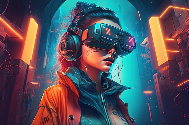 Woman with VR headset exploring the metaverse