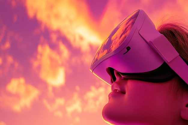 Photo woman with vr headset in a red and purple sci fi environment exploring the future of digital realit