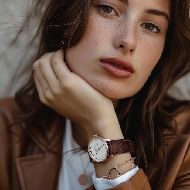 a woman with a watch that says  freckles  on the face