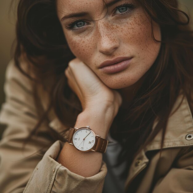 a woman with a watch that says  freckles  on it