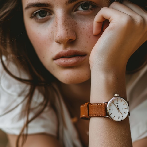 Photo a woman with a watch that says  freckles  on it