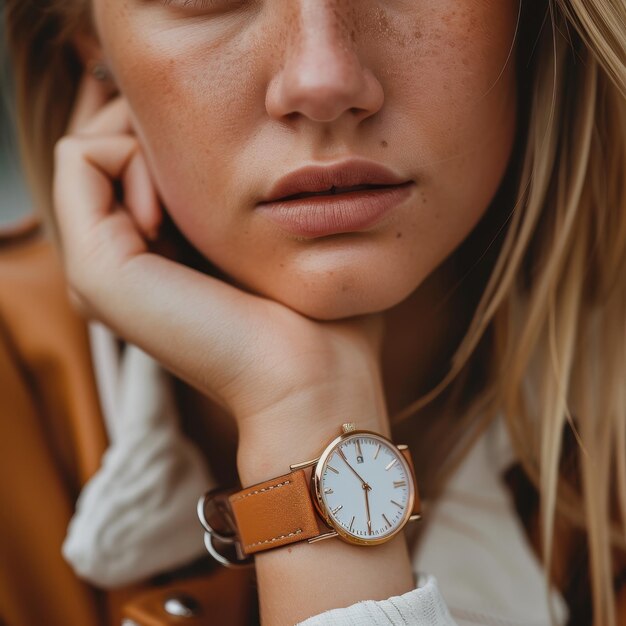 a woman with a watch that says  s  on it