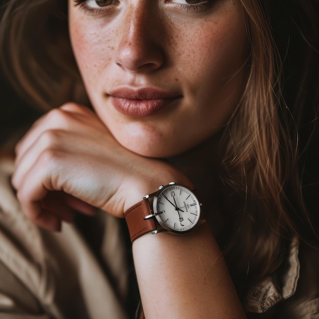 a woman with a watch that says  s  on it