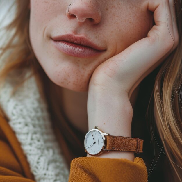 Photo a woman with a watch that says  she is looking at the camera