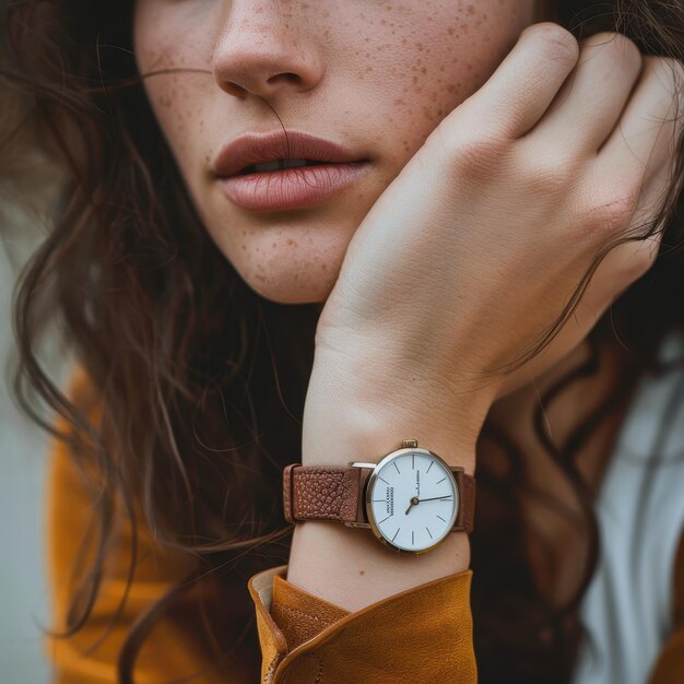 a woman with a watch that says  she is a watch