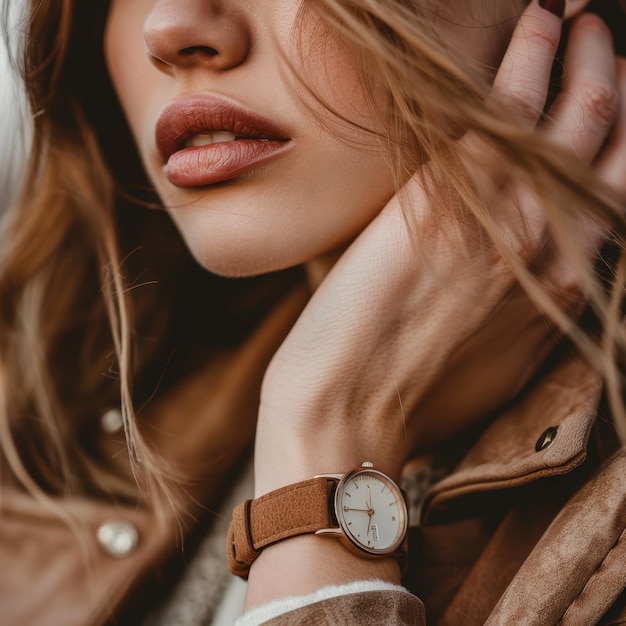 Photo a woman with a watch that says  she is wearing a brown jacket