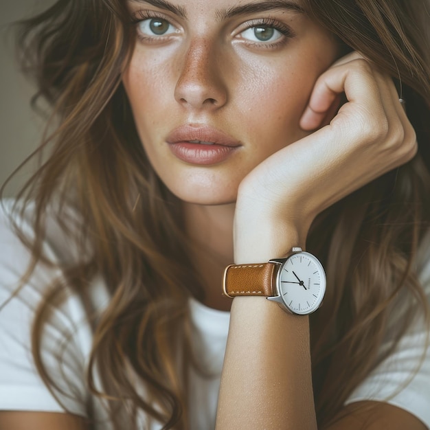 Photo a woman with a watch that says  she is wearing a watch