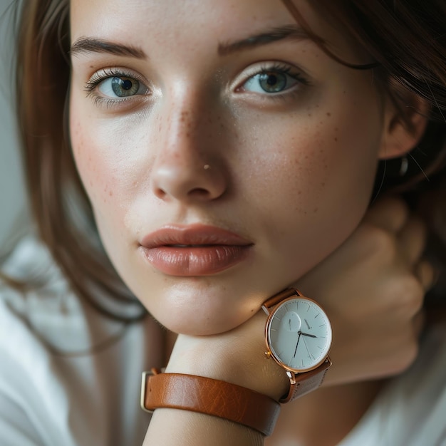 a woman with a watch that says  t  on it