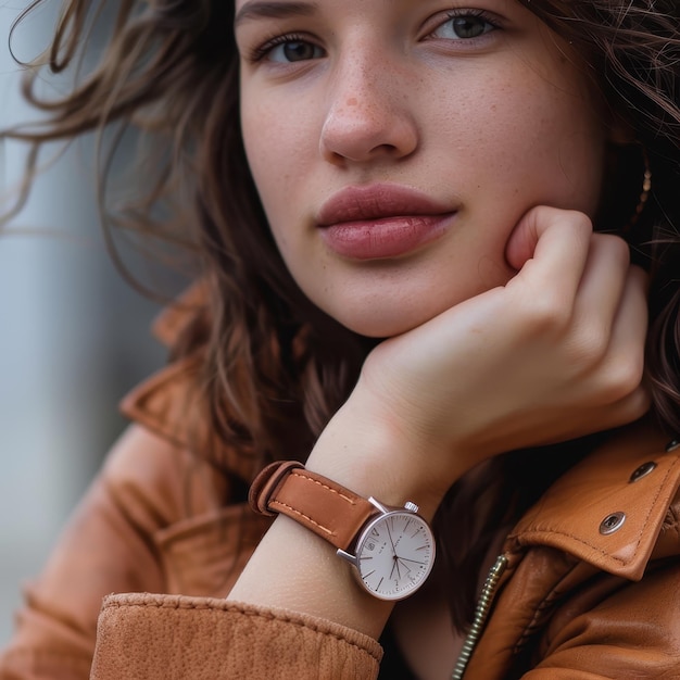 a woman with a watch that says  the time of 4  00