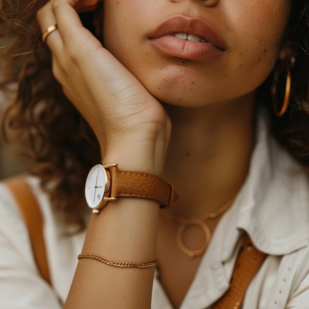 Photo a woman with a watch that says  the time of 9  00